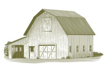 Engraved-style illustration of an old barn.