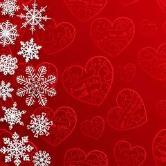 Christmas background with snowflakes on background of hearts