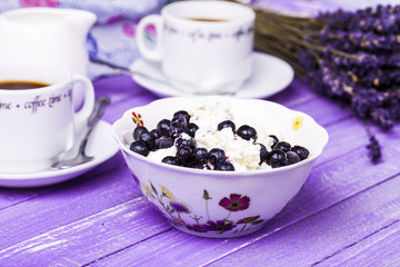coffee and cottage cheese with blueberries