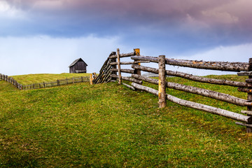 Fototapeta premium Field of green with wooden house on the hill