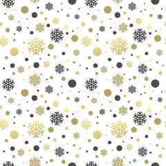 Seamless white christmas wallpaper with black and golden  snowflakes. Vector illustration