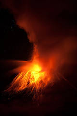 A powerful volcano erupting with fiery lava and geothermal energy, creating a hellish blast of destruction.