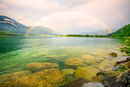 Rainbow Double Double Rainbow Over The Lake Wide Angle Lens Tripod Mounted And Polarizing Filter Rainbow Double Water Rock Vegetation Summertime Earth Forest Spectrum Landscape Woods Training Granite