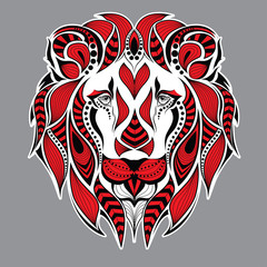 Naklejka premium Patterned red head of the lion on the grey background. African / indian / totem / tattoo design. It may be used for design of a t-shirt, bag, postcard and poster.