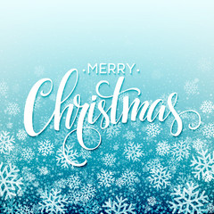 Merry christmas  handwritten text on background with snowflakes. Vector illustration