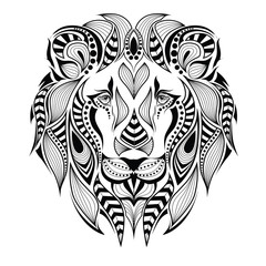 Patterned head of the lion. African / indian / totem / tattoo design. It may be used for design of a t-shirt, bag, postcard and poster.