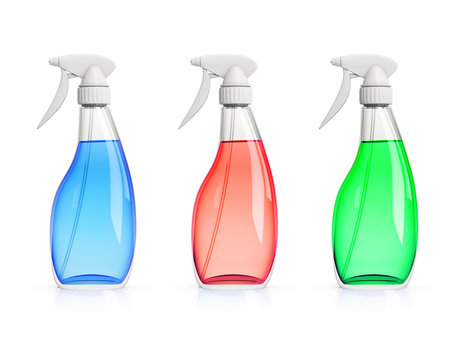 set of three color spray bottles isolated on white background