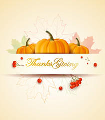 Thanksgiving day greeting card with pumpkins, viburnum and autumn leaves.