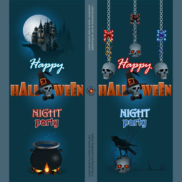 Abstract design web banner, header; Set of banners with haunted castle, skull wearing a raven on top, skulls hanging from chains, Halloween three dimensions text, and magic cauldron