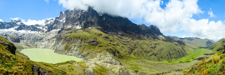 A panoramic view of Sangay National Park in Ecuador, showcasing the majestic Altar volcano rising...