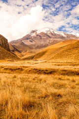 A stunning view of Chimborazo, the highest mountain in Ecuador, covered in snow with lush green grass at its base.