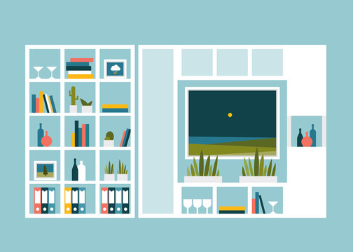 Living room with photo pictures and book shelves. Flat design vector illustration.