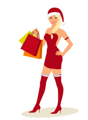 Sexy Woman In Santa Costume with shopping bags in their hands, Happy New Year, Merry Christmas