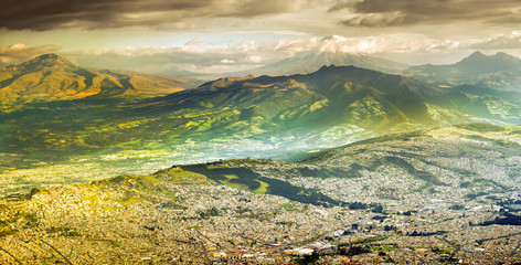 A breathtaking aerial view of Quito, Ecuador, nestled in the Andes mountains. The South American...