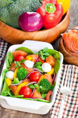 Tasty fried and grilled salmon slices on mixed colorful vegetabl