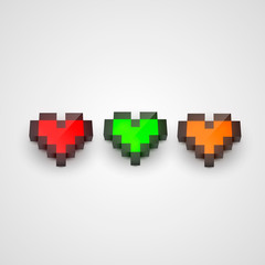 Colorful pixel isometric hearts. Clean vector