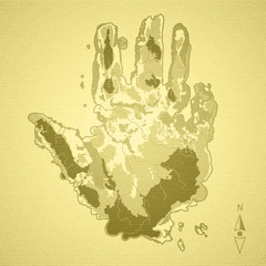 Island map in the shape of palm hand on paper