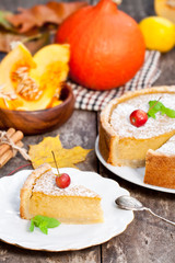 Delicious pumpkin pie  with cinnamon decorated with wild apples