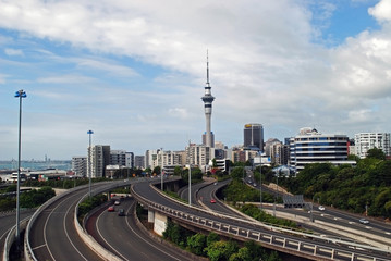 view of sky tower and freeway in Auckland from Hopetoun overpass photo taken on: january 03: 2012