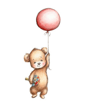 Teddy Bear with Red Balloon and Flowers
