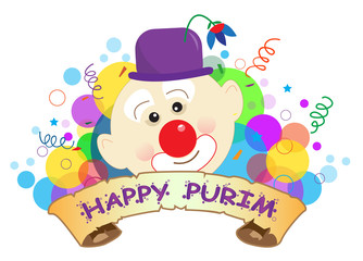 Purim Clown Banner - Colorful banner with a clown and happy Purim text in the center. Eps10