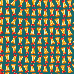 Seamless pattern of Christmas bells with red bows