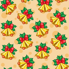 Seamless pattern of Christmas bells with leafs