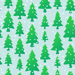 Seamless pattern with green trees and snowflakes