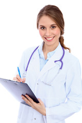 Friendly smiling young female doctor, isolated over white background