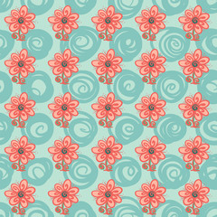 Seamless pattern with flowers and swirls on green