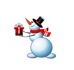 Funny snowman in a hat gives you a present