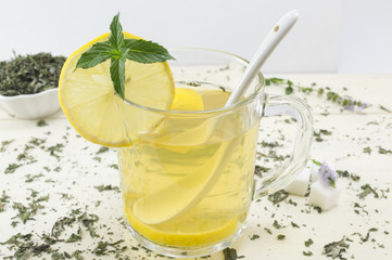 Mint tea with lemon and a fresh mint