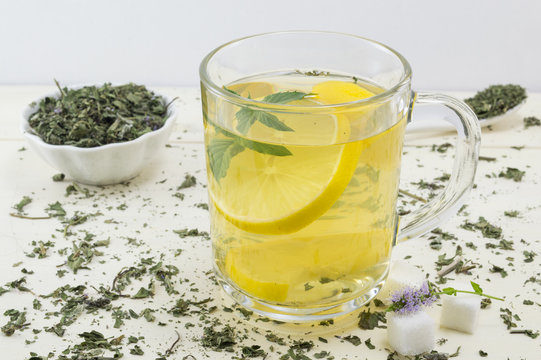 Mint tea with lemon and a fresh mint