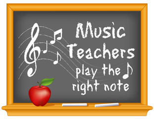 Music Teachers  play the right note, musical notes, treble clef on staff, wood frame blackboard with sticks of chalk and apple.