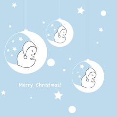 Vector illustration, Greeting card, Merry Christmas, little funny bears on the moon, decoration