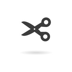 Dark grey icon for scissors on white background with shadow