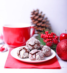 Fototapeta na wymiar Chocolate cookies and hot chocolate on white background