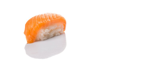Japanese salmon sushi over white background
