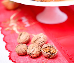 Walnuts on Christmas table, closeup