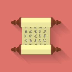 Ancient scroll or parchment with runes. Vector icon. Flat style