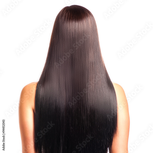 "Back view of a woman with long straight black hair 