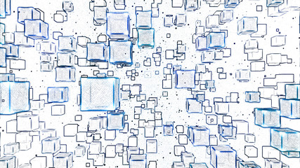 Abstract Floating Cubes Sketch Illustration - Blue