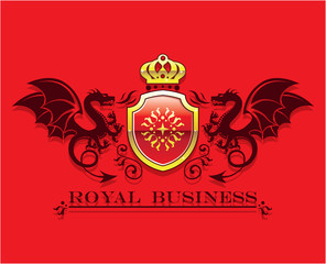Coat of arms Golden Crown and Shield with Dragons Royal Business