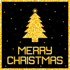 Pixel Gold Glitter Christmas Card. EPS8 Vector