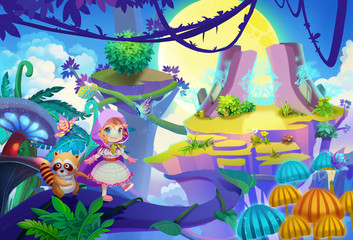 Illustration: The prince and her raccoon friend finally muster up the courage to step out onto the vine. Seems it's the only path to other side of the mountain. Cartoon Style. Scene / Wallpaper Design