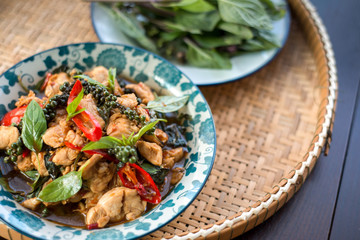 Thai spicy food basil chicken.