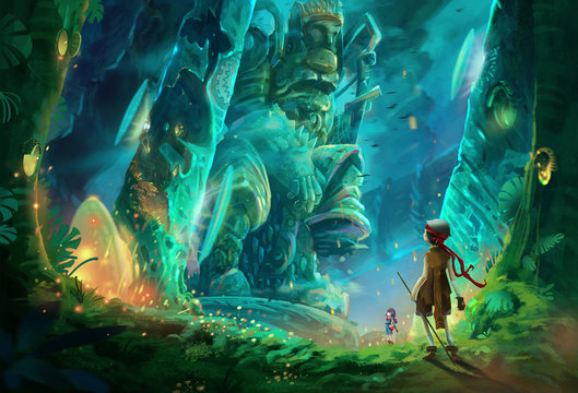 Illustration: One day two kids break into a cave full of mysterious and forbidden aura. It must be an ancient king's tomb. They walk deeper and deeper. Fantastic / Realistic Wallpaper / Scene Design