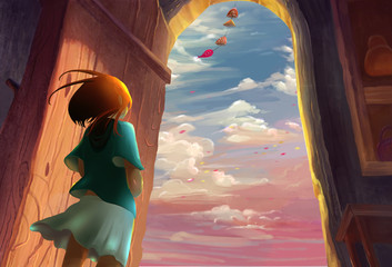 Illustration: Illustration: The Girl Lived by the Sea. Song of the Sea Series. Removed the Flying Whale. Fantastic / Realistic / Cartoon Style. Wallpaper / Background / Scene Design