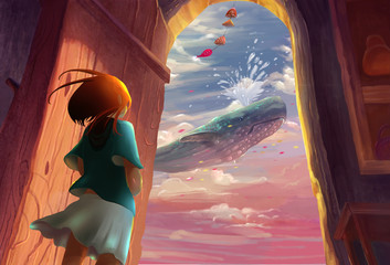 Fototapety  Illustration: That day when the girl opened the door, she saw a scene she will never forget - A whale in the sky. Song of the Sea Series. Fantastic/Realistic/Cartoon. Wallpaper/Background/Scene Design