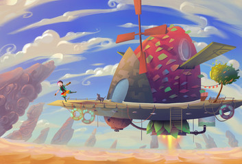 Illustration: The kid and dog are very happy because they can start the journey again after the fuel for his aircraft was found. Fantastic Realistic Cartoon Style. Wallpaper Background Scene Design.   © info@nextmars.com